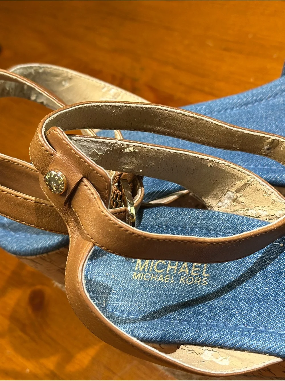Michael Kors Denim Knot Espadrille Wedge Sandals with Tan Ankle Strap